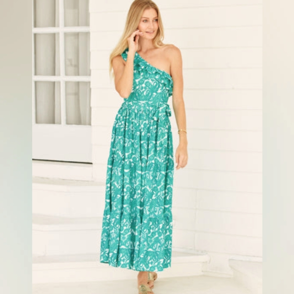 CABANA LIFE Elegant Green/ Floral One-Shoulder- Ruffle- Tier Maxi Dress UPF 50+
